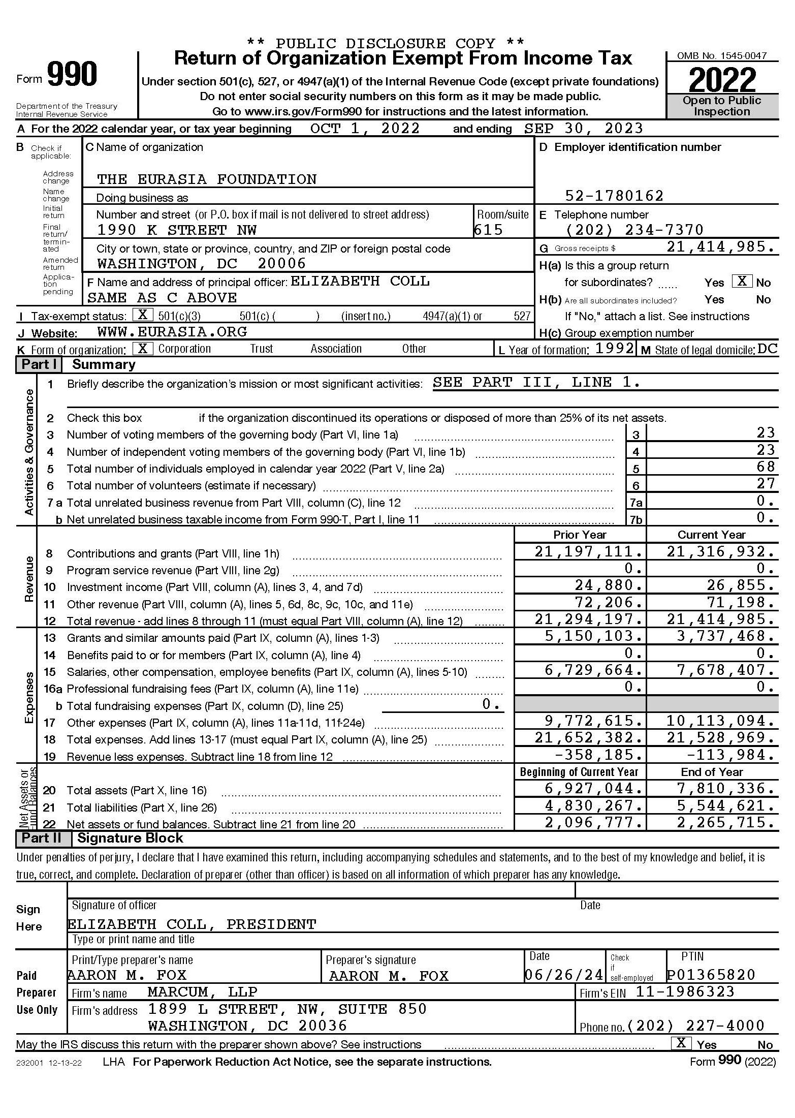 The first page of the FY 2023 (CY 2022) 990 Form