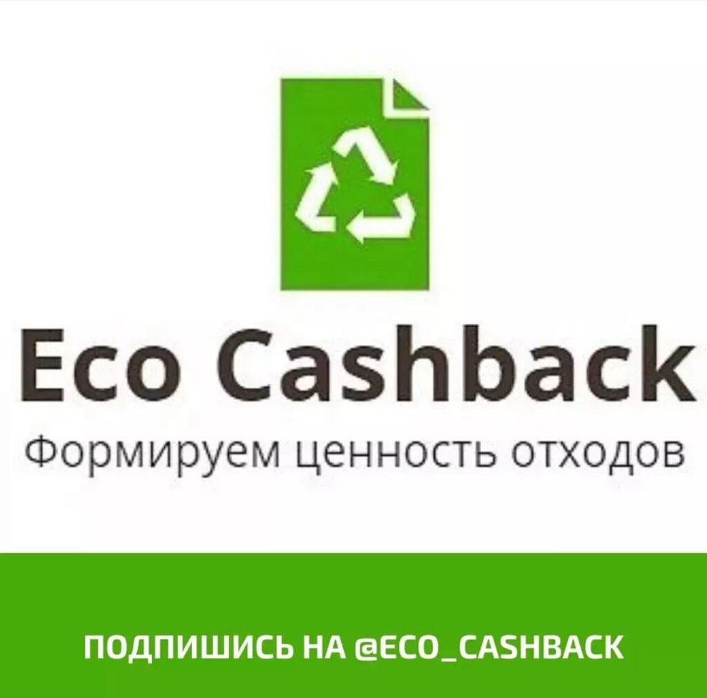 Eco Cashback's logo (a green piece of paper with the upper righthand corner folded and a white recycling symbol overlay) and slogan, in Russian