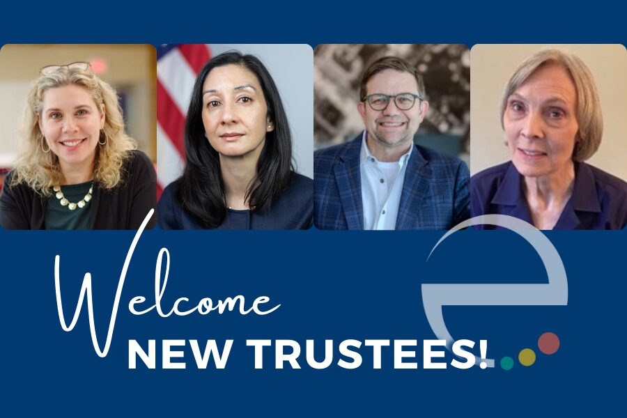 On a navy blue graphic, four headshots show EF's new board members: three women and one man. White text reads, 